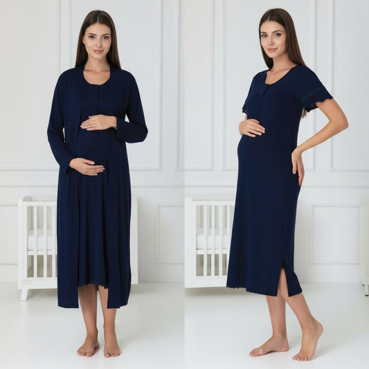 Navy nightie & robe set by Mini Plum – short-sleeve nursing nightwear with scoop neck, breastfeeding-friendly, hospital bag ready