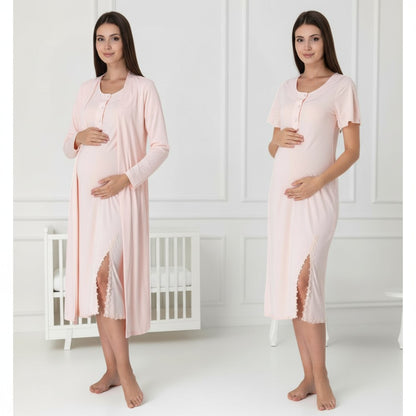 Salmon nightie & robe set by Mini Plum – short-sleeve nursing nightwear with scoop neck, breastfeeding-friendly, hospital bag ready