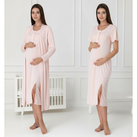 Salmon nightie & robe set by Mini Plum – short-sleeve nursing nightwear with scoop neck, breastfeeding-friendly, hospital bag ready
