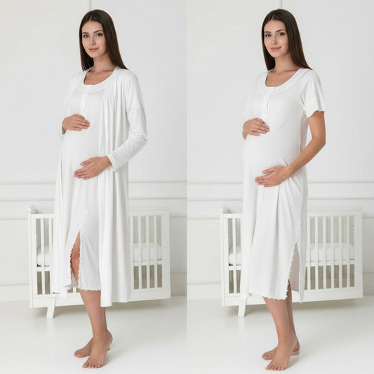 White nightie & robe set by Mini Plum – short-sleeve nursing nightwear with scoop neck, breastfeeding-friendly, hospital bag ready