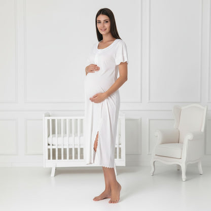 White nightie & robe set by Mini Plum – lace detail and scoop neck, maternity & nursing