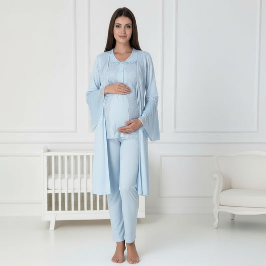 Blue pyjama & robe set by Mini Plum – long-sleeve nursing nightwear with V-neck, breastfeeding-friendly, hospital bag ready