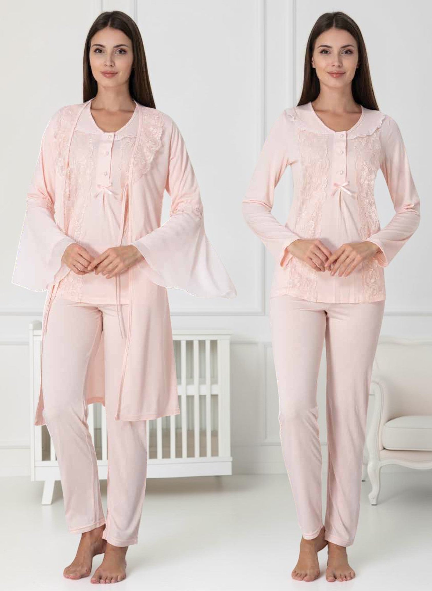 Pink pyjama & robe set by Mini Plum – long-sleeve nursing nightwear with V-neck, breastfeeding-friendly, hospital bag ready