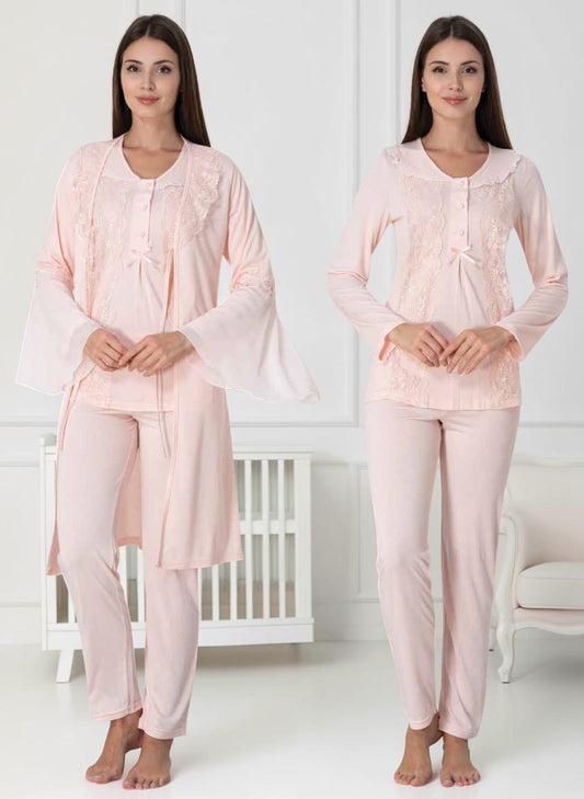 Pink pyjama & robe set by Mini Plum – long-sleeve nursing nightwear with V-neck, breastfeeding-friendly, hospital bag ready