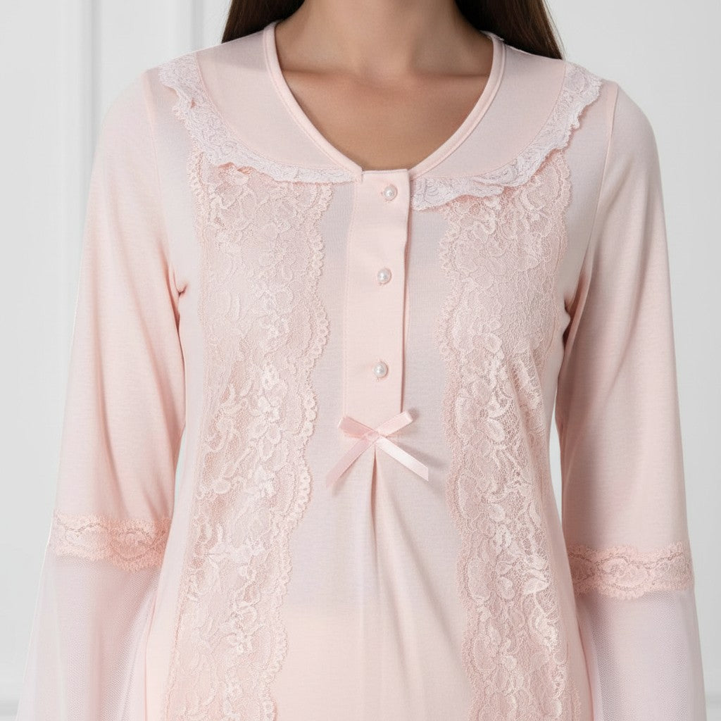 Pink pyjama & robe set by Mini Plum – lace detail and V-neck, maternity & nursing