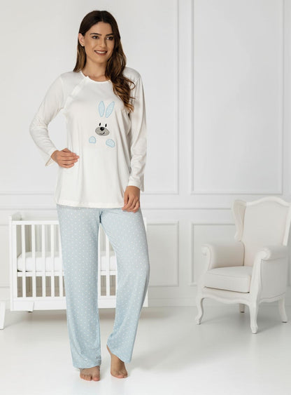 Blue pyjama & robe set by Mini Plum – bunny print and round neck, maternity & nursing