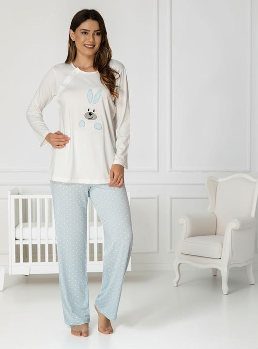 Blue pyjama & robe set by Mini Plum – bunny print and round neck, maternity & nursing