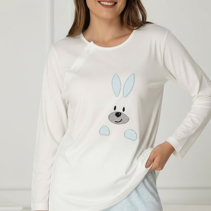 Blue pyjama & robe set by Mini Plum – long-sleeve bump-friendly fit, side view