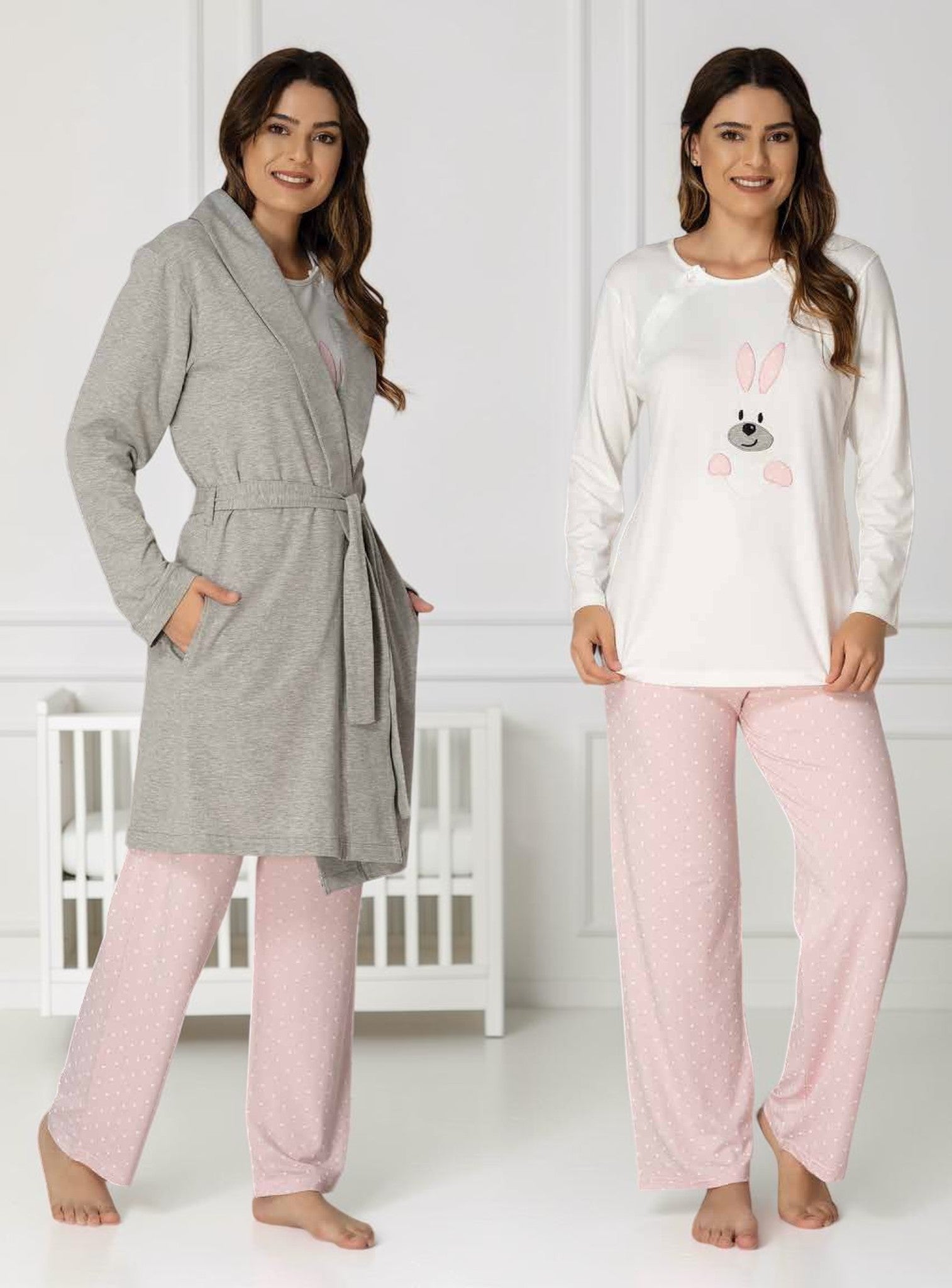 Pink pyjama & robe set by Mini Plum – long-sleeve nursing nightwear with round neck, breastfeeding-friendly, hospital bag ready
