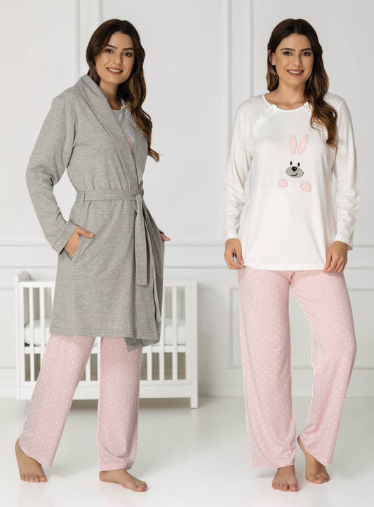 Pink pyjama & robe set by Mini Plum – long-sleeve nursing nightwear with round neck, breastfeeding-friendly, hospital bag ready