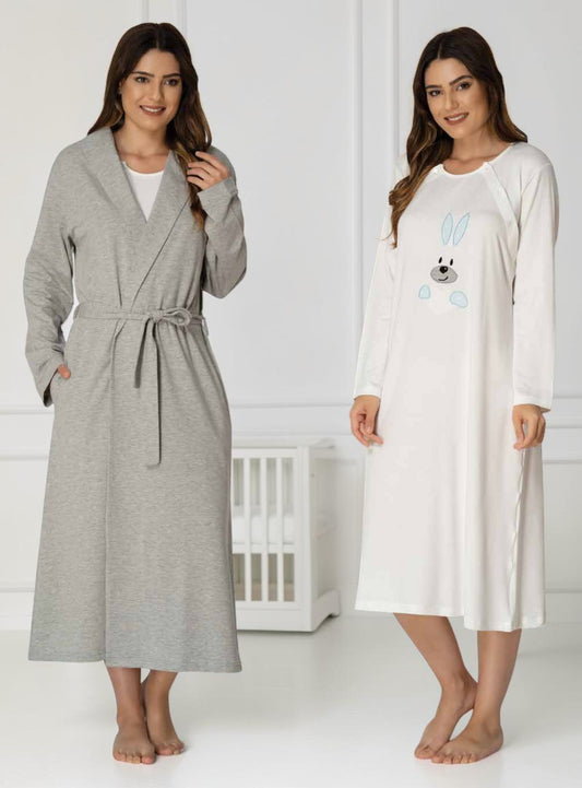 Blue nightie & robe set by Mini Plum – long-sleeve nursing nightwear with shawl collar, breastfeeding-friendly, hospital bag ready