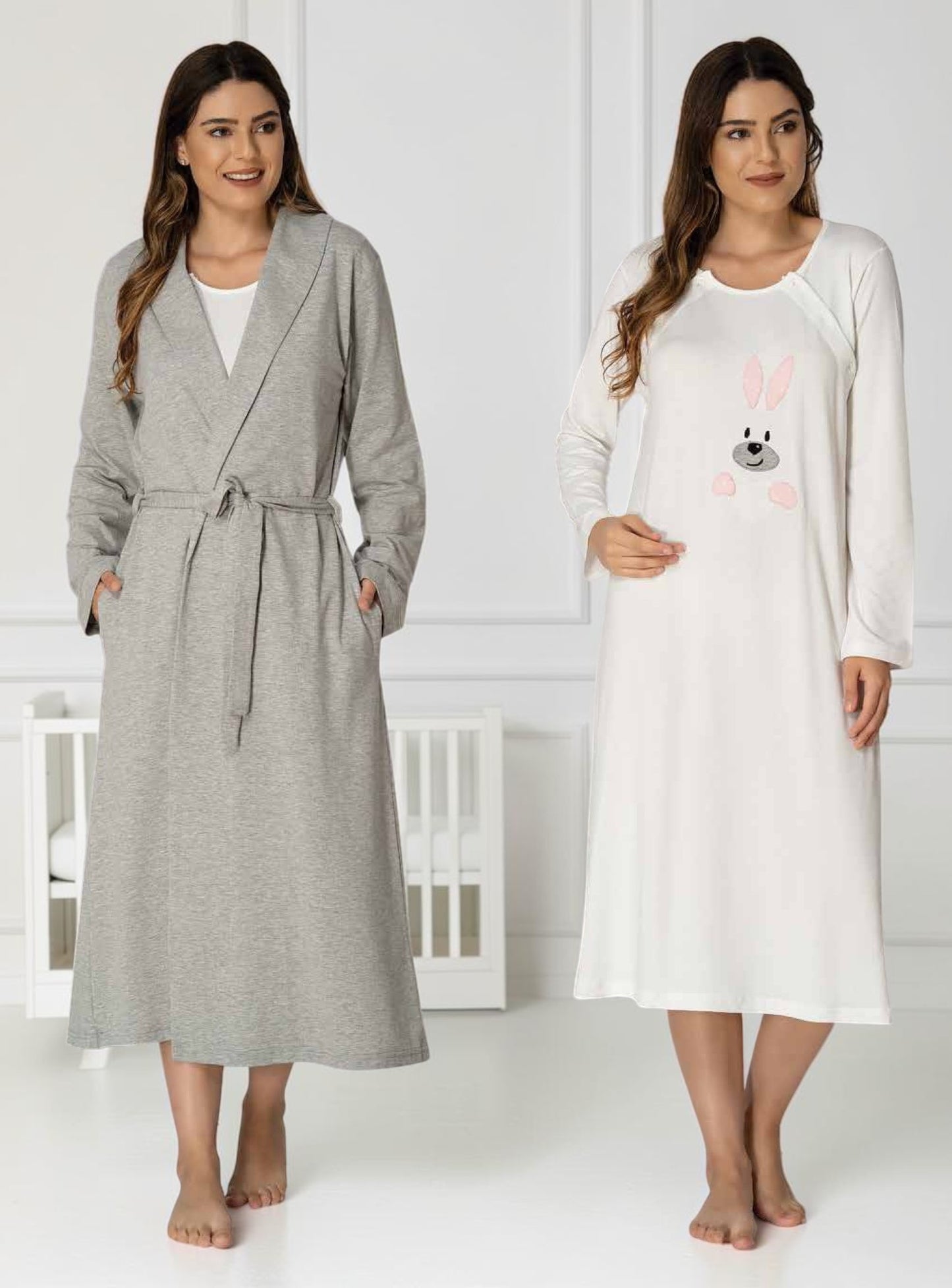 Pink nightie & robe set by Mini Plum – long-sleeve nursing nightwear with shawl collar, breastfeeding-friendly, hospital bag ready