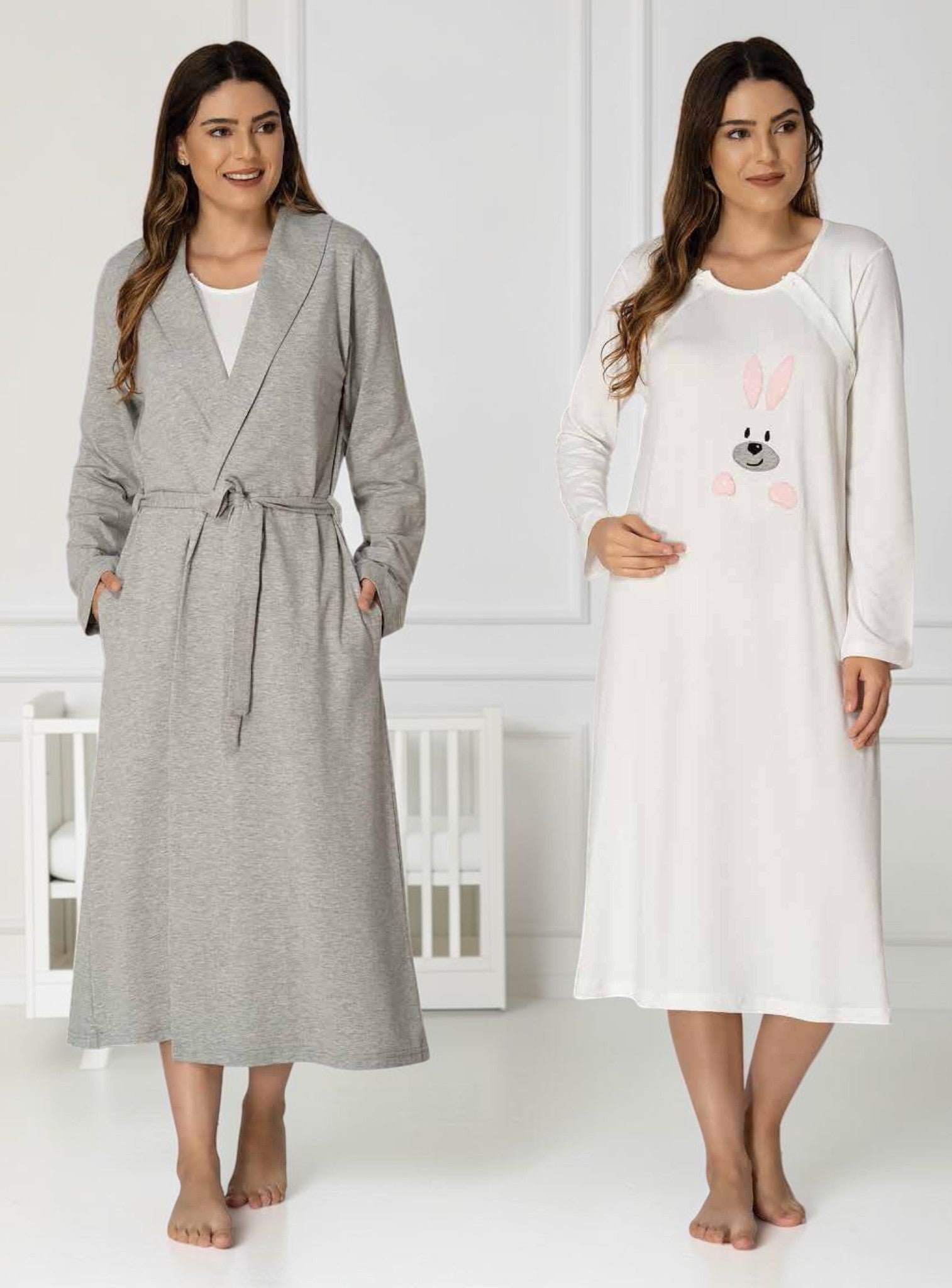 Pink nightie & robe set by Mini Plum – long-sleeve nursing nightwear with shawl collar, breastfeeding-friendly, hospital bag ready