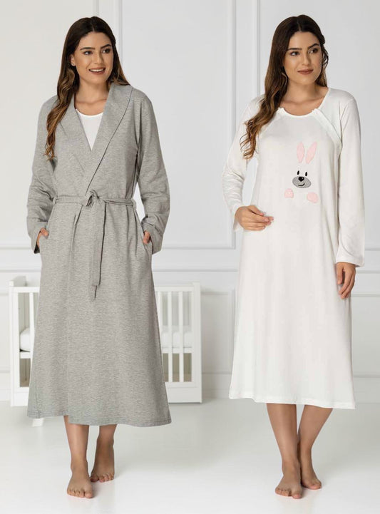 Pink nightie & robe set by Mini Plum – long-sleeve nursing nightwear with shawl collar, breastfeeding-friendly, hospital bag ready