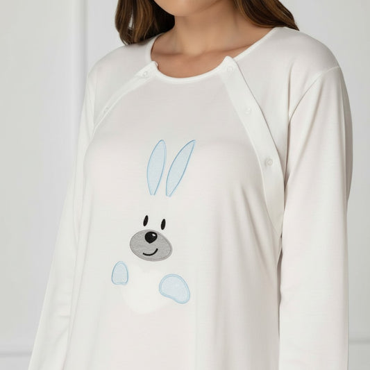 Blue maternity nightdress by Mini Plum – button-front nursing opening and round neck, maternity & nursing