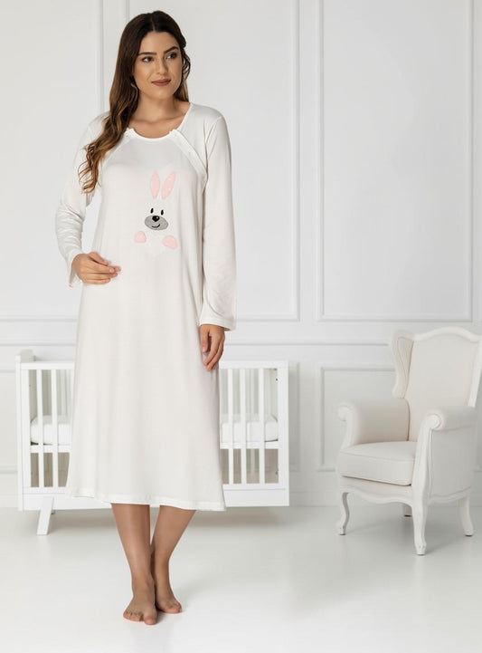 Pink maternity nightdress by Mini Plum – long-sleeve nursing nightwear with round neck, breastfeeding-friendly, hospital bag ready