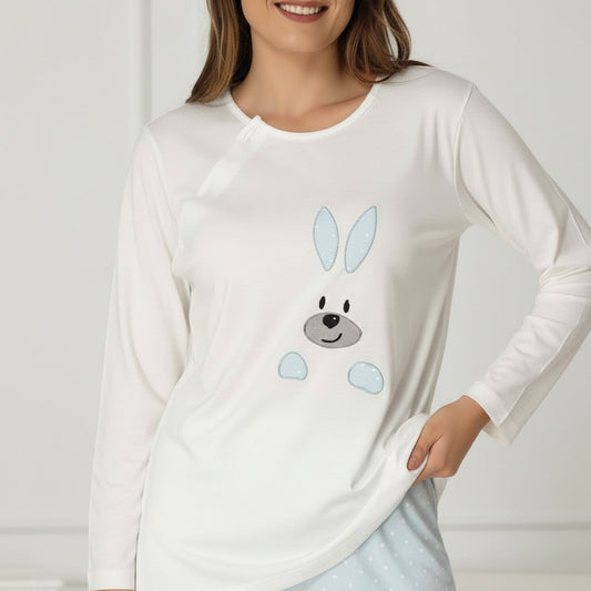 Blue maternity pyjamas by Mini Plum – bunny print and round neck, maternity & nursing