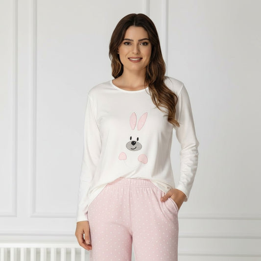 Pink maternity pyjamas by Mini Plum – bunny print and round neck, maternity & nursing