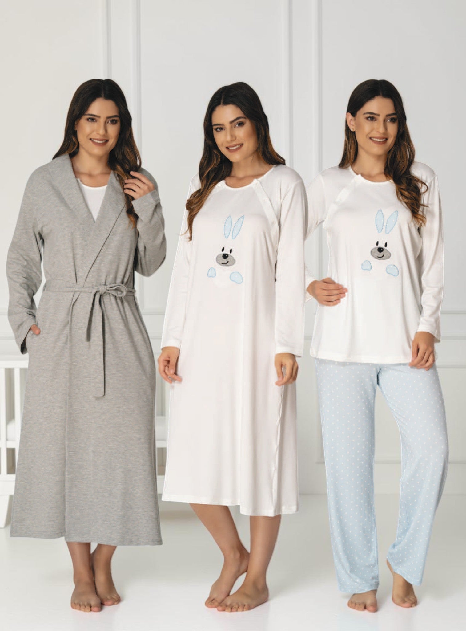 Blue pyjama & robe set by Mini Plum – long-sleeve nursing nightwear with round neck, breastfeeding-friendly, hospital bag ready