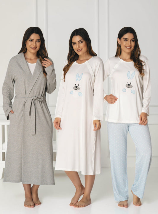Blue pyjama & robe set by Mini Plum – long-sleeve nursing nightwear with round neck, breastfeeding-friendly, hospital bag ready