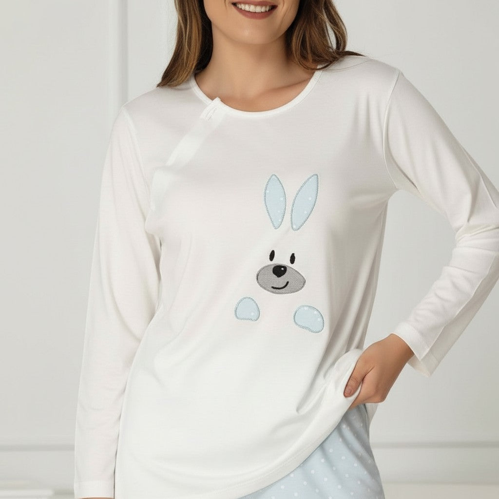 Blue pyjama & robe set by Mini Plum – full styling view, long-sleeve breastfeeding nightwear
