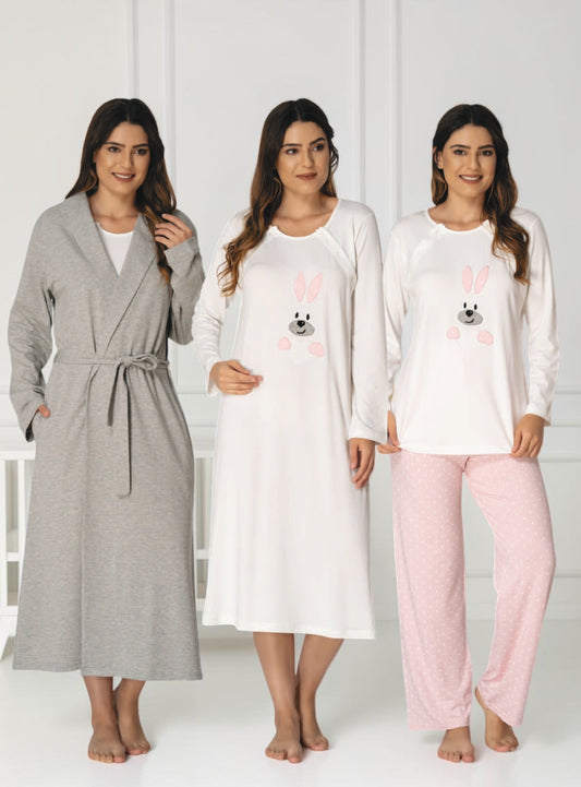 Pink pyjama & robe set by Mini Plum – long-sleeve nursing nightwear with round neck, breastfeeding-friendly, hospital bag ready