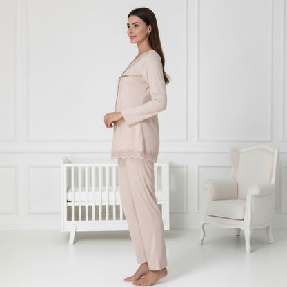 Beige pyjama & robe set by Mini Plum – lace detail and V-neck, maternity & nursing