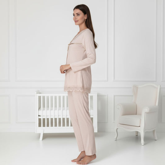 Beige pyjama & robe set by Mini Plum – lace detail and V-neck, maternity & nursing