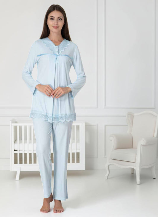 Blue pyjama & robe set by Mini Plum – long-sleeve nursing nightwear with V-neck, breastfeeding-friendly, hospital bag ready