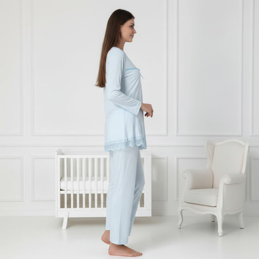 Blue pyjama & robe set by Mini Plum – lace detail and V-neck, maternity & nursing