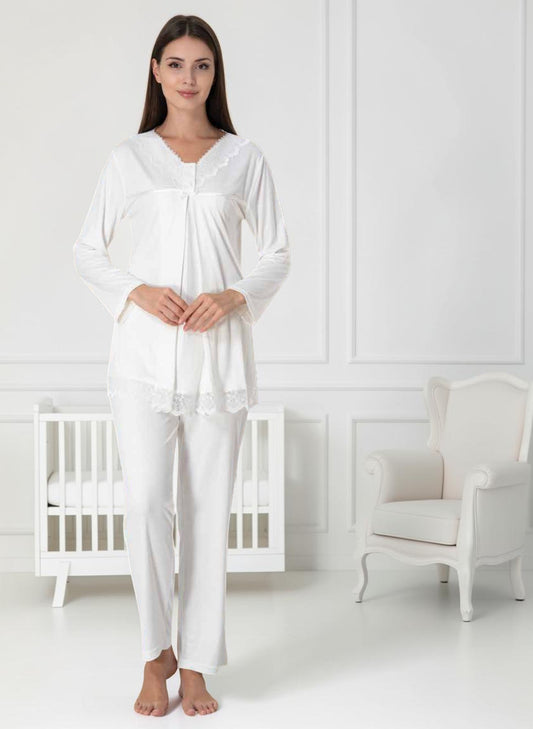 White pyjama & robe set by Mini Plum – long-sleeve nursing nightwear with V-neck, breastfeeding-friendly, hospital bag ready