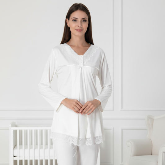 White pyjama & robe set by Mini Plum – lace detail and V-neck, maternity & nursing