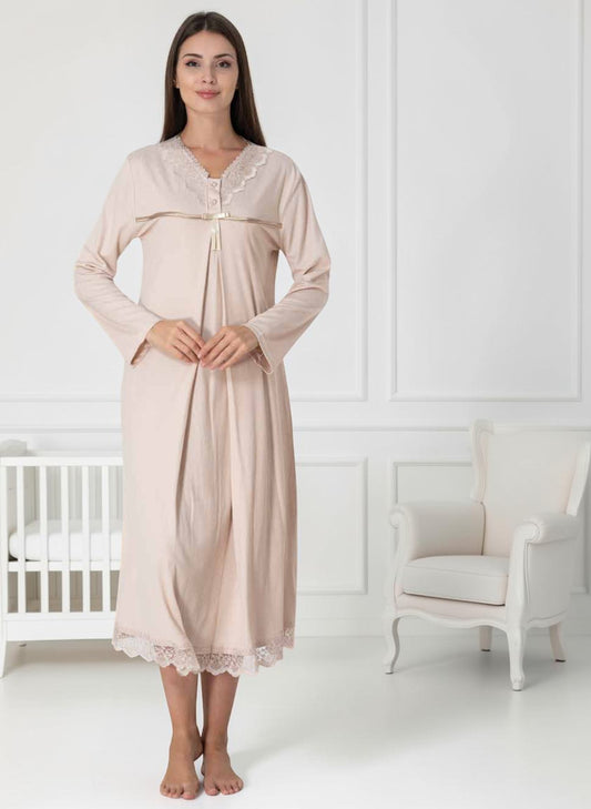 Beige nightie & robe set by Mini Plum – long-sleeve nursing nightwear with V-neck, breastfeeding-friendly, hospital bag ready