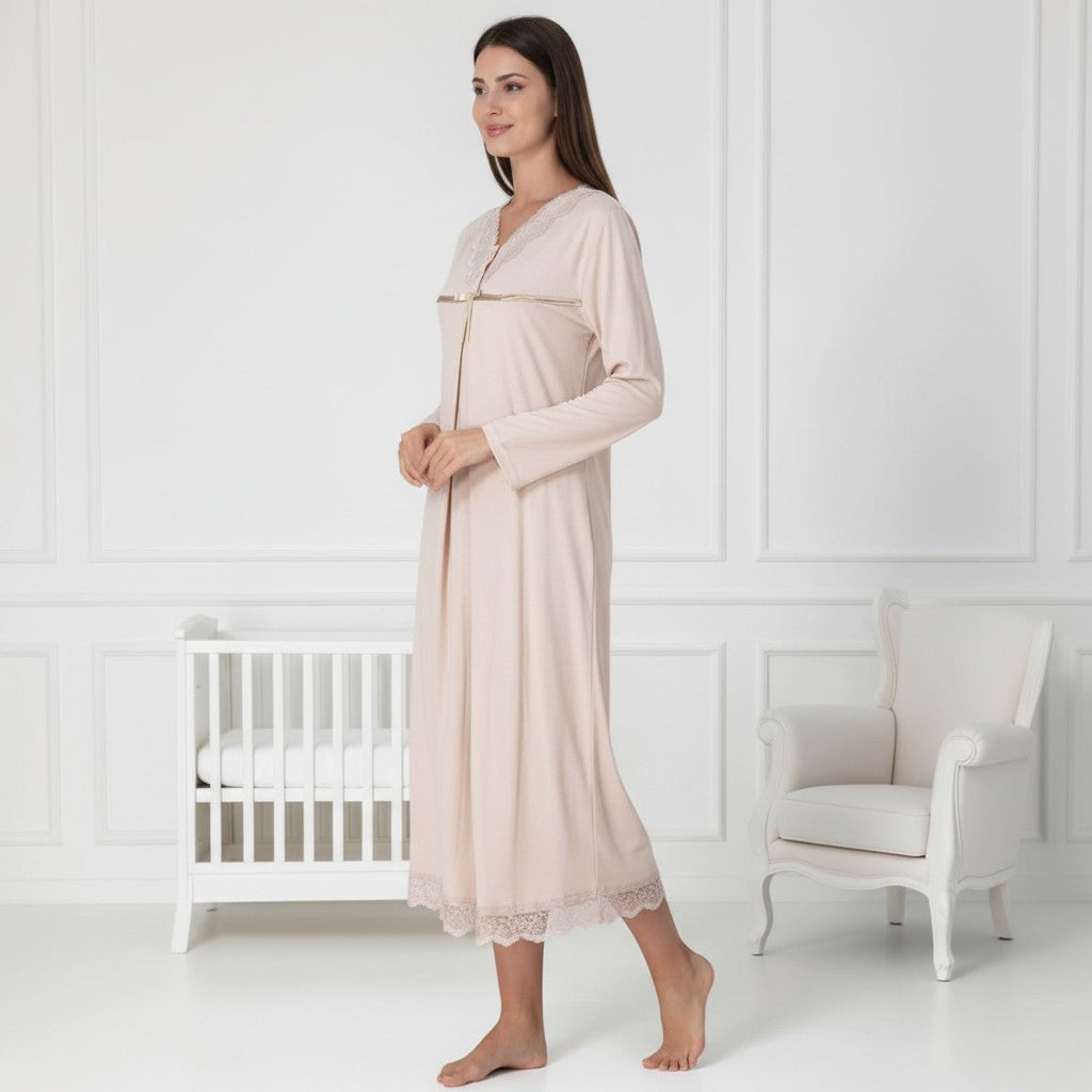 Beige nightie & robe set by Mini Plum – lace detail and V-neck, maternity & nursing