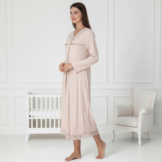 Beige nightie & robe set by Mini Plum – lace detail and V-neck, maternity & nursing