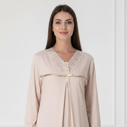 Beige nightie & robe set by Mini Plum – long-sleeve bump-friendly fit, side view