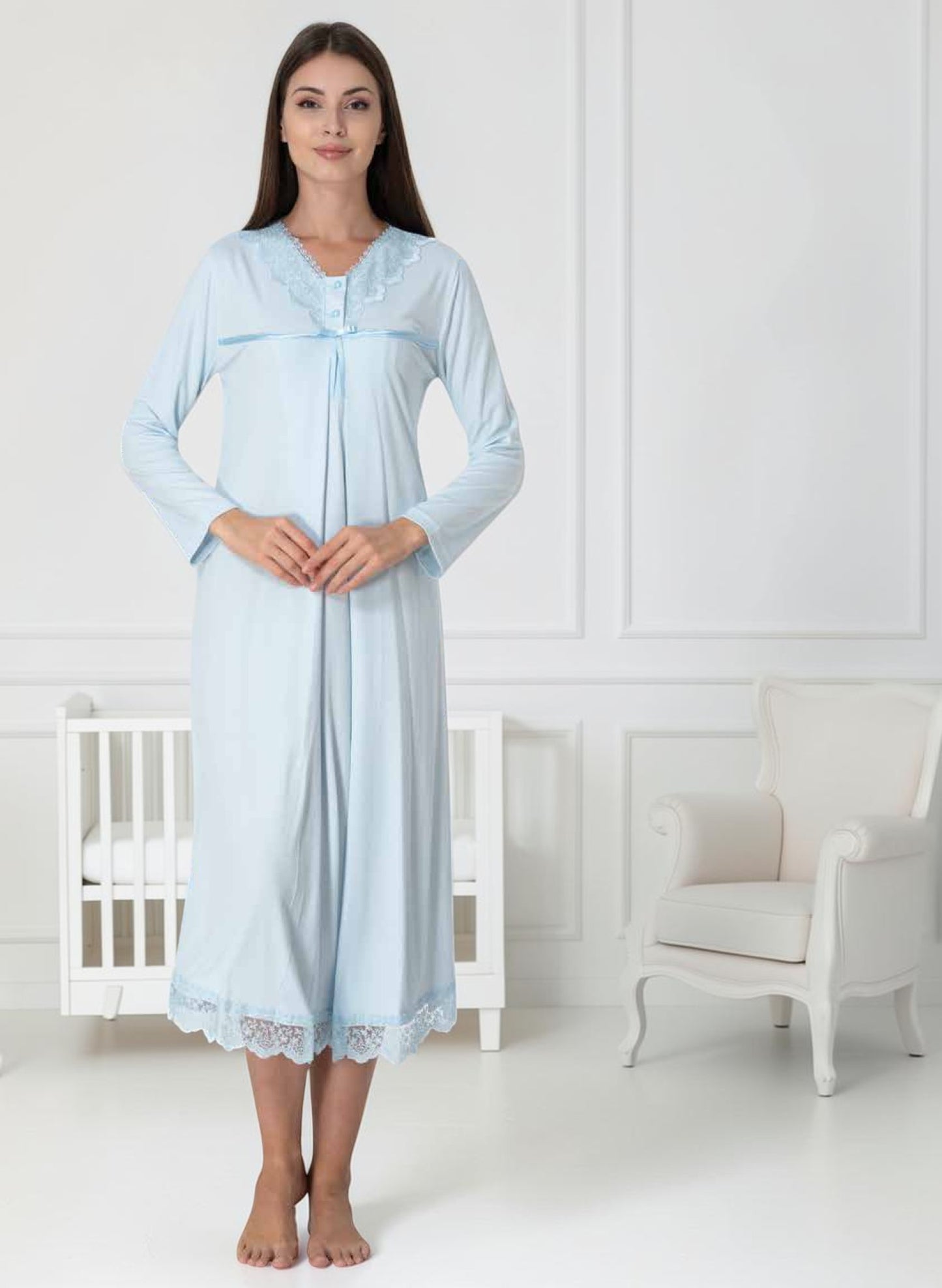 Blue nightie & robe set by Mini Plum – long-sleeve nursing nightwear with V-neck, breastfeeding-friendly, hospital bag ready