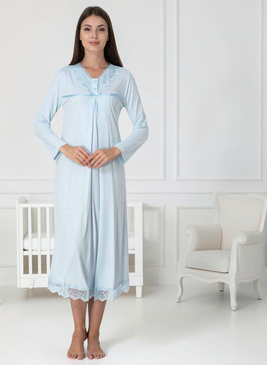 Blue nightie & robe set by Mini Plum – long-sleeve nursing nightwear with V-neck, breastfeeding-friendly, hospital bag ready