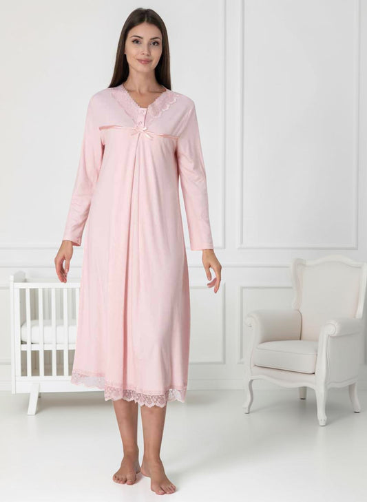 Pink nightie & robe set by Mini Plum – long-sleeve nursing nightwear with V-neck, breastfeeding-friendly, hospital bag ready