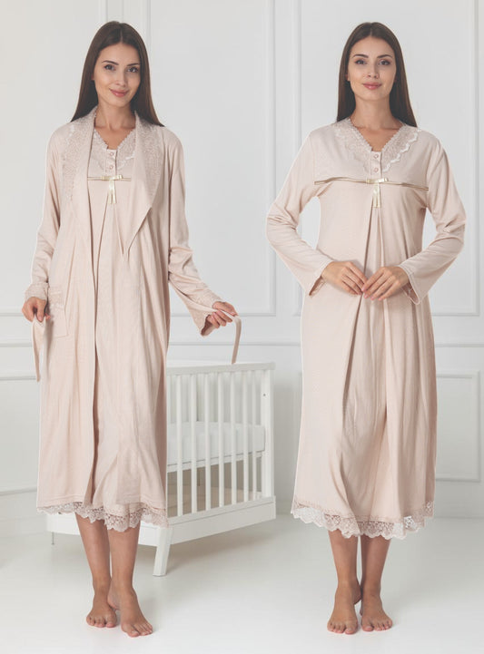 Beige nightie & robe set by Mini Plum – long-sleeve nursing nightwear with V-neck, breastfeeding-friendly, hospital bag ready