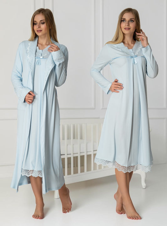 Blue nightie & robe set by Mini Plum – long-sleeve nursing nightwear with V-neck, breastfeeding-friendly, hospital bag ready