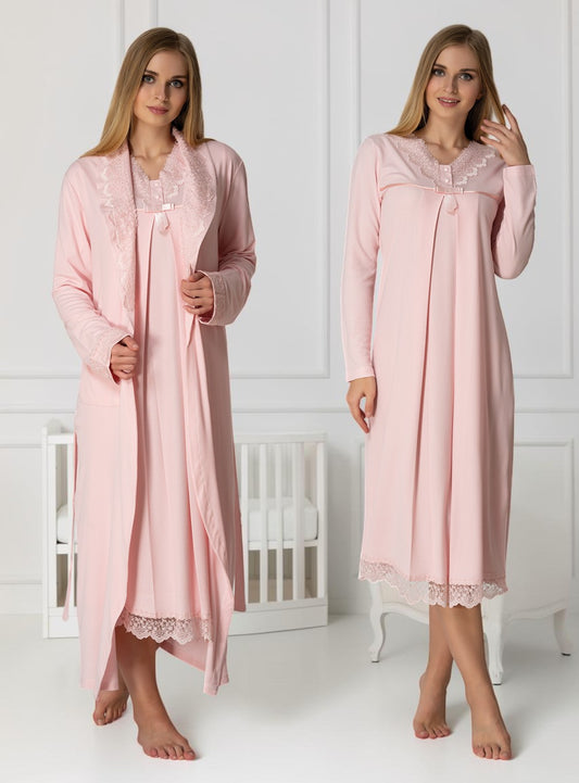 Pink nightie & robe set by Mini Plum – long-sleeve nursing nightwear with V-neck, breastfeeding-friendly, hospital bag ready