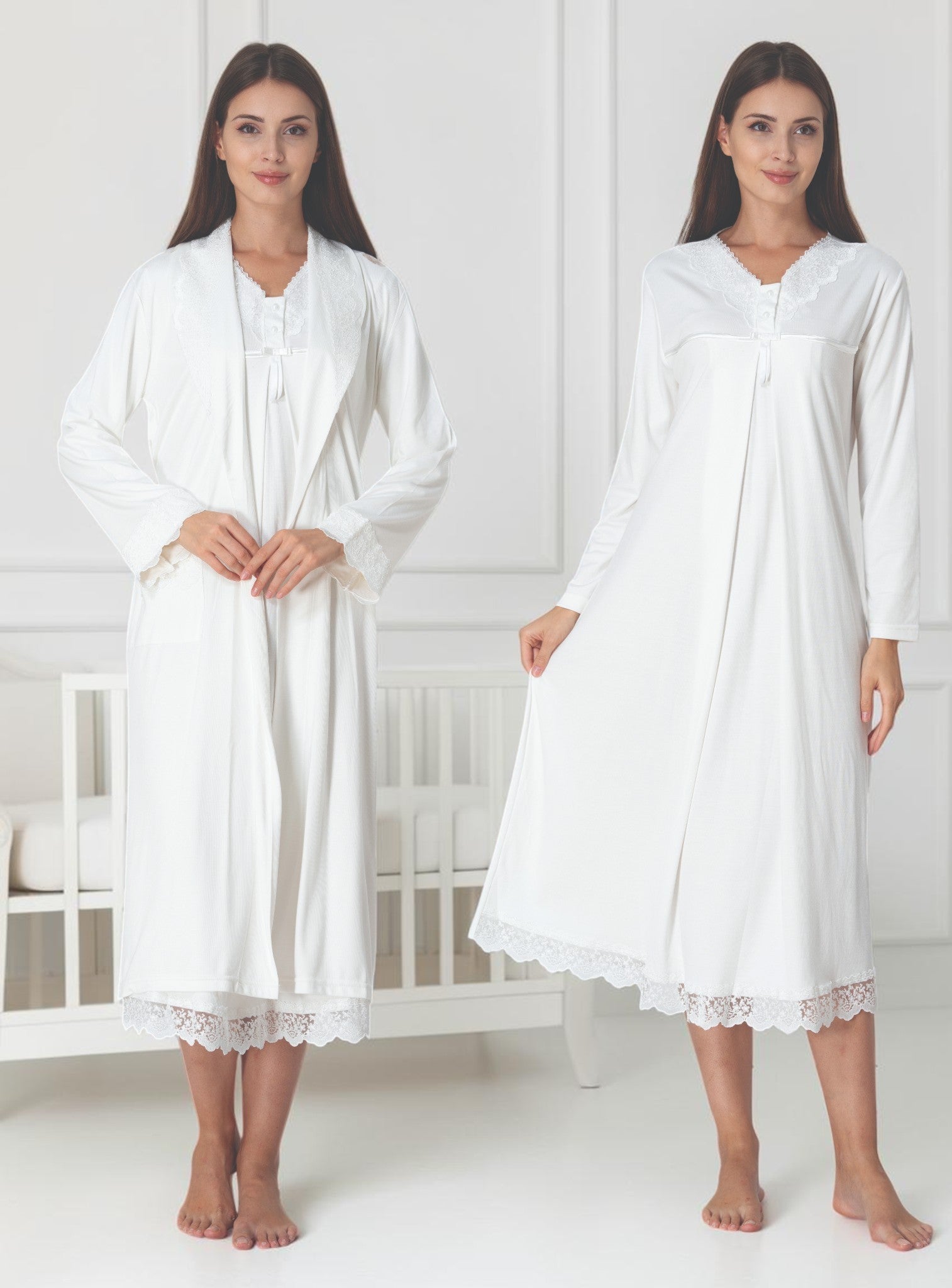 White nightie & robe set by Mini Plum – long-sleeve nursing nightwear with V-neck, breastfeeding-friendly, hospital bag ready