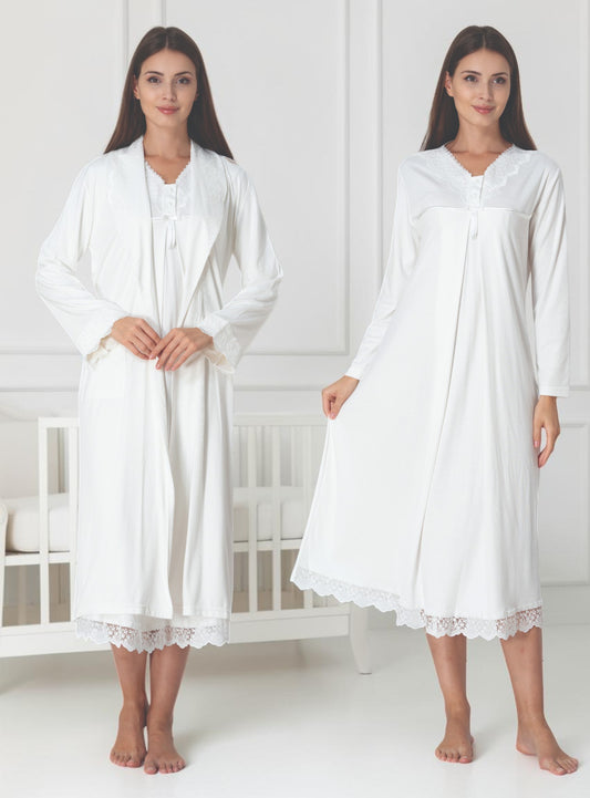 White nightie & robe set by Mini Plum – long-sleeve nursing nightwear with V-neck, breastfeeding-friendly, hospital bag ready