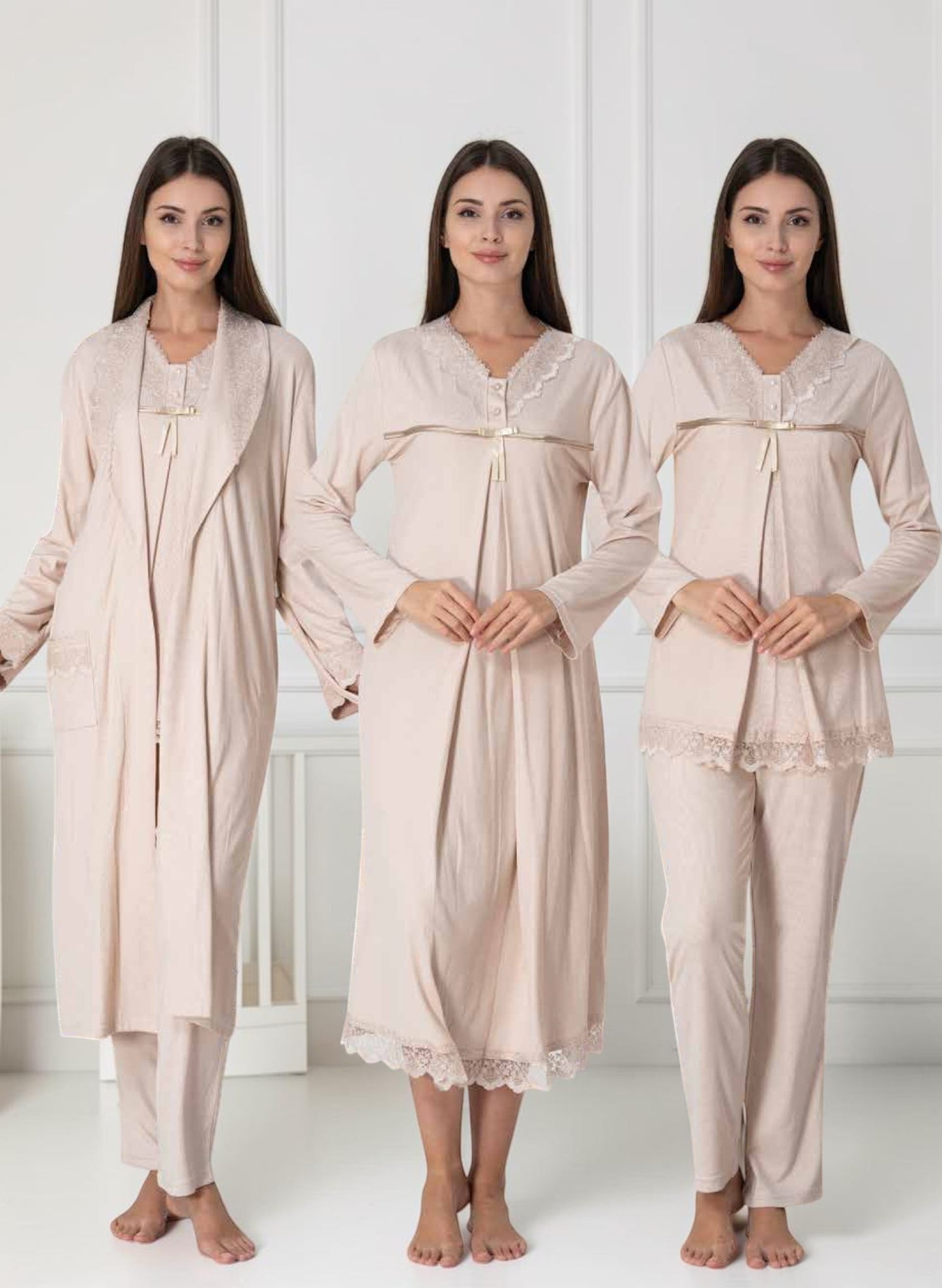 Beige 4-piece maternity set by Mini Plum – long-sleeve nursing nightwear with V-neck, breastfeeding-friendly, hospital bag ready