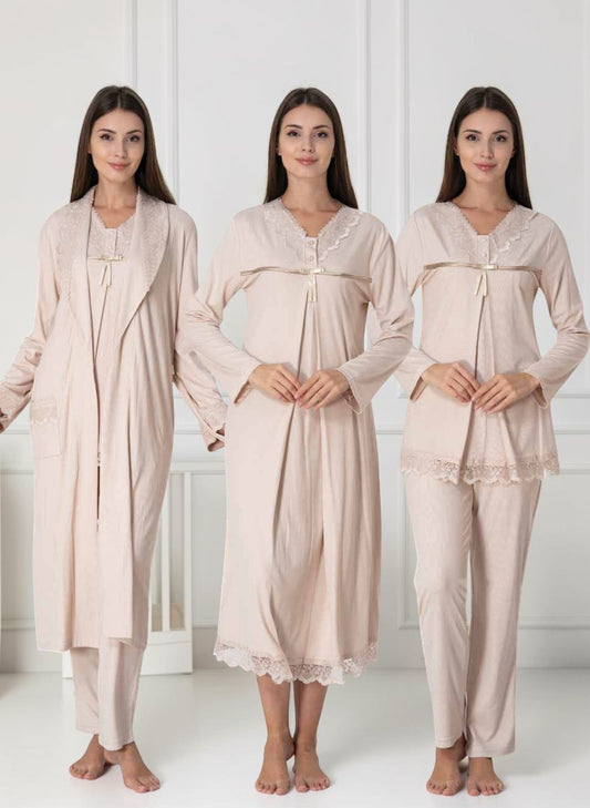 Beige 4-piece maternity set by Mini Plum – long-sleeve nursing nightwear with V-neck, breastfeeding-friendly, hospital bag ready