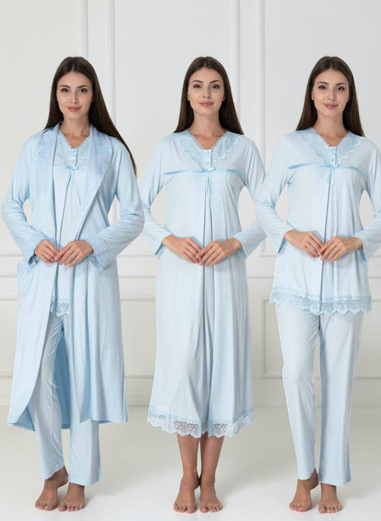 Blue 4-piece maternity set by Mini Plum – long-sleeve nursing nightwear with V-neck, breastfeeding-friendly, hospital bag ready