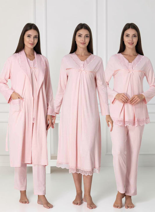 Pink 4-piece maternity set by Mini Plum – long-sleeve nursing nightwear with V-neck, breastfeeding-friendly, hospital bag ready
