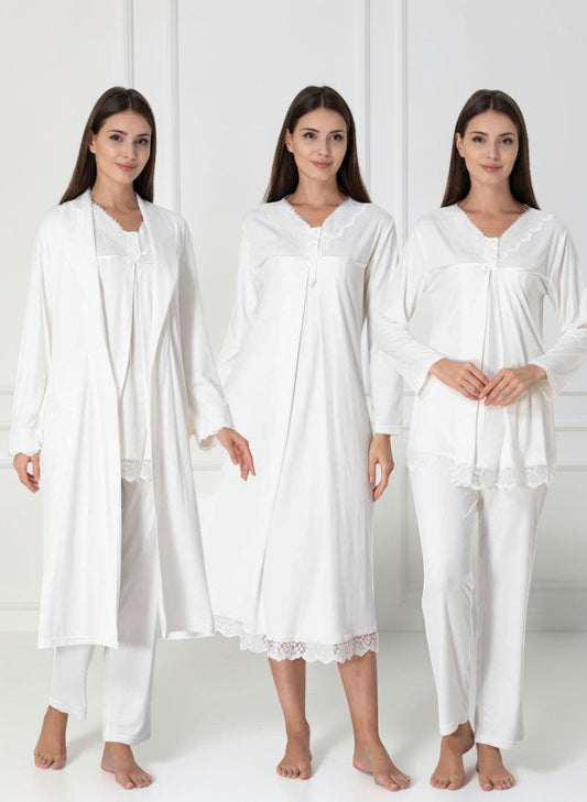 White 4-piece maternity set by Mini Plum – long-sleeve nursing nightwear with V-neck, breastfeeding-friendly, hospital bag ready