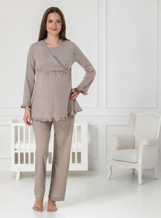 Beige maternity pyjamas by Mini Plum – long-sleeve nursing nightwear with wrap, breastfeeding-friendly, hospital bag ready